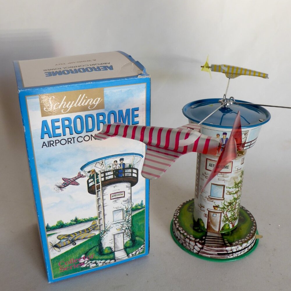 VINTAGE SCHYLLING AERODROME AIRPORT CONTROL TOWER WING UP TIN TOY